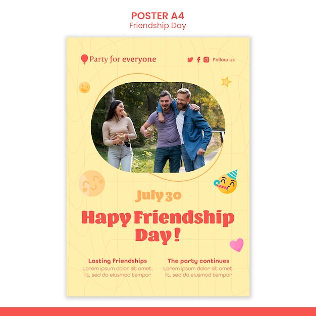 PSD gratuit modèle d'affiche verticale de la journée de l'amitié avec des émoticônes