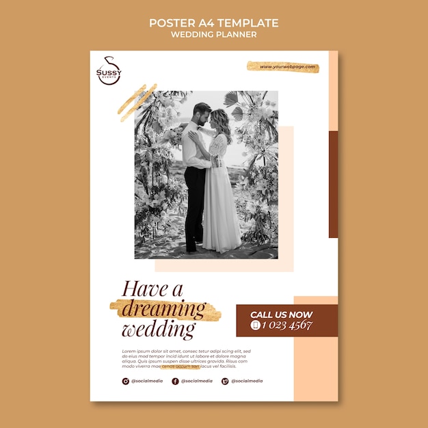 PSD gratuit modèle d'affiche verticale de planificateur de mariage avec des marques de stylo doré