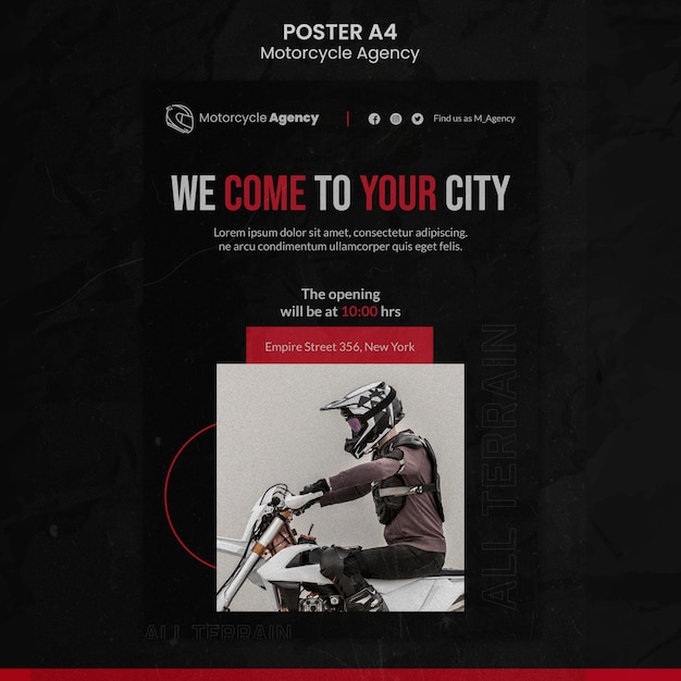 PSD gratuit modèle d'affiche verticale pour agence de moto avec cavalier masculin