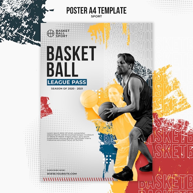 PSD gratuit modèle d'affiche verticale pour le basket-ball avec un joueur masculin