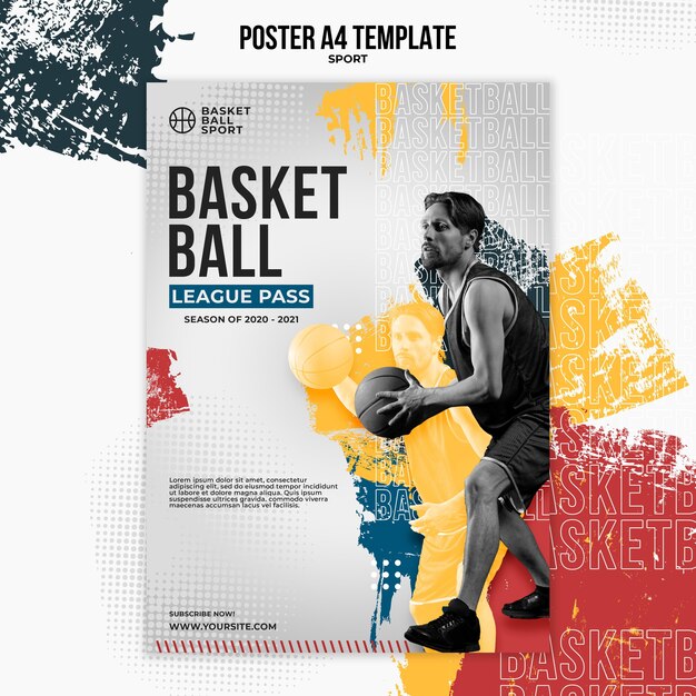 Modèle d'affiche verticale pour le basket-ball avec un joueur masculin