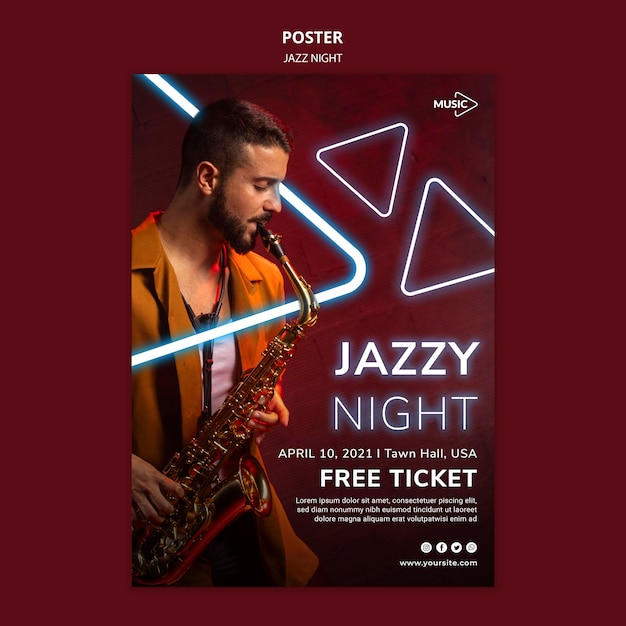 PSD gratuit modèle d'affiche verticale pour l'événement de nuit de jazz au néon