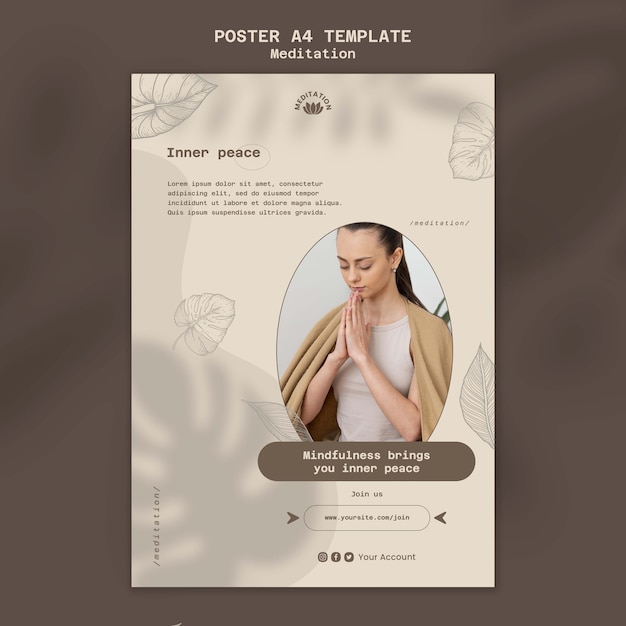 PSD gratuit modèle d'affiche verticale pour la méditation de yoga avec un design de feuilles