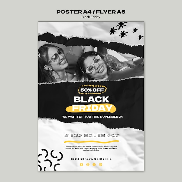 PSD gratuit modèle d'affiche verticale pour les ventes du vendredi noir avec texture de papier déchiré