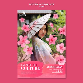 Modèle d'affiche verticale pour voyager au japon avec une femme et une fleur de cerisier