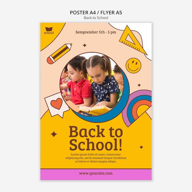 PSD gratuit modèle d'affiche verticale de retour à l'école avec des fournitures scolaires