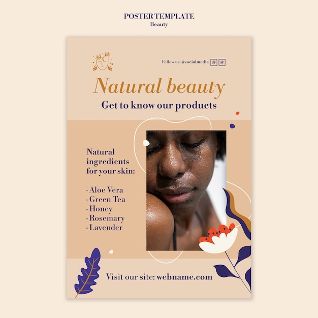 PSD gratuit modèle d'affiche verticale de soins de la peau et de beauté avec des fleurs et des feuilles