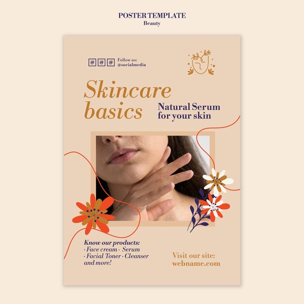 Modèle d'affiche verticale de soins de la peau et de beauté avec des fleurs et des feuilles