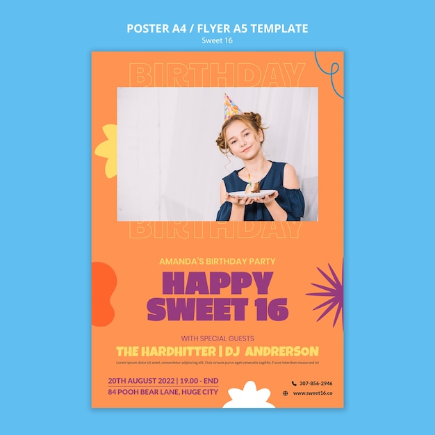 PSD gratuit modèle d'affiche verticale sweet 16 au design abstrait