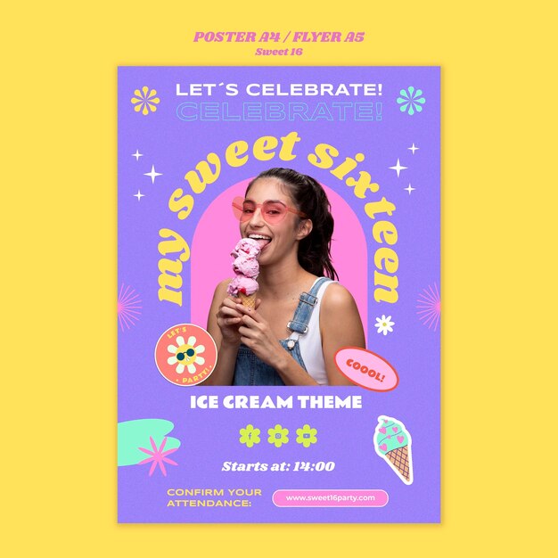 Modèle d'affiche verticale Sweet 16 avec thème de la crème glacée
