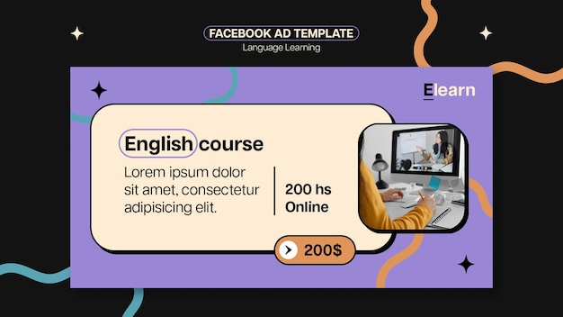 PSD gratuit modèle d'annonce facebook d'apprentissage de la langue de conception plate