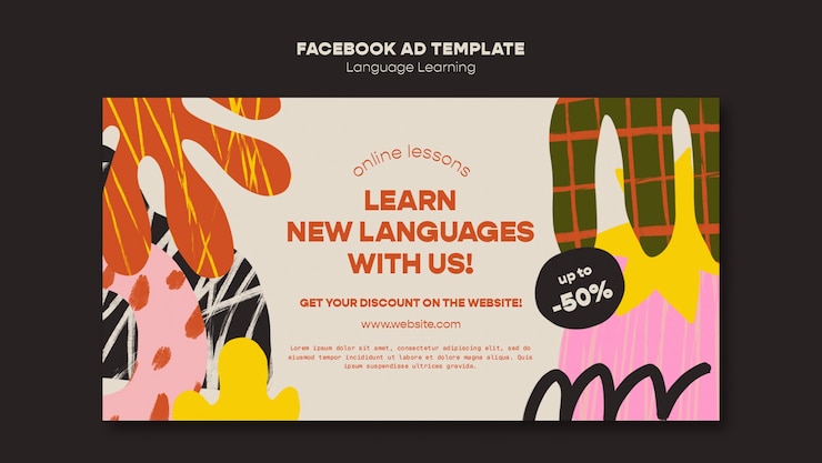 PSD gratuit modèle d'annonce facebook de langue d'apprentissage coloré