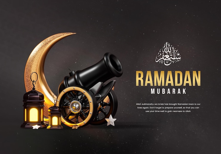 PSD gratuit modèle de bannière 3d ramadan kareem avec canon arabe et objets de décoration islamiques