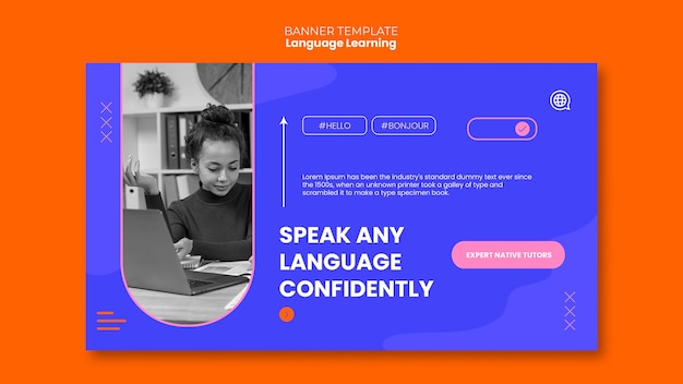 PSD gratuit modèle de bannière horizontale d'apprentissage des langues