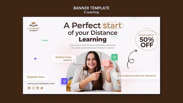 Modèle de bannière horizontale d'apprentissage en ligne et de cours à distance en ligne