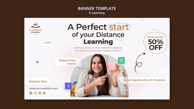 PSD gratuit modèle de bannière horizontale d'apprentissage en ligne et de cours à distance en ligne