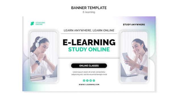 Modèle de bannière horizontale d'apprentissage en ligne avec un design dégradé