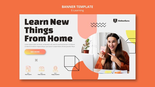 Modèle de bannière horizontale d'apprentissage en ligne avec des formes géométriques