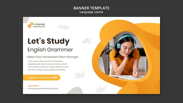 PSD gratuit modèle de bannière horizontale de cours d'anglais avec effet liquide