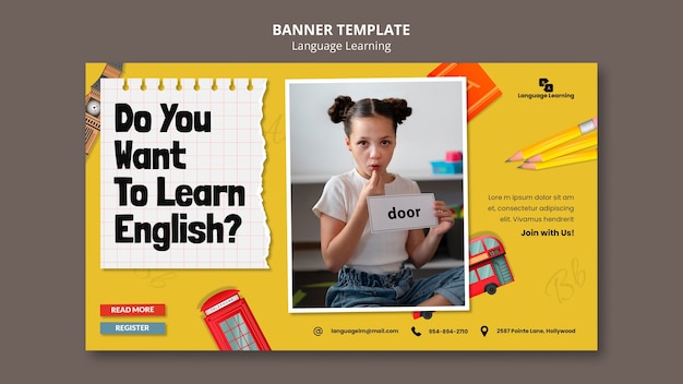 PSD gratuit modèle de bannière horizontale de cours d'apprentissage en anglais avec des éléments en anglais