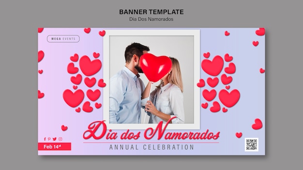 PSD gratuit modèle de bannière horizontale dia dos namorados avec coeurs