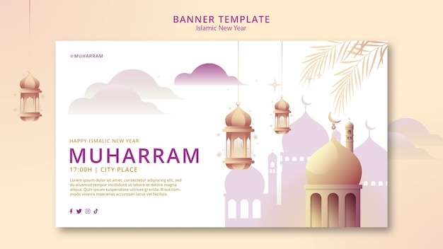 Modèle de bannière horizontale du nouvel an islamique avec palais et lanternes