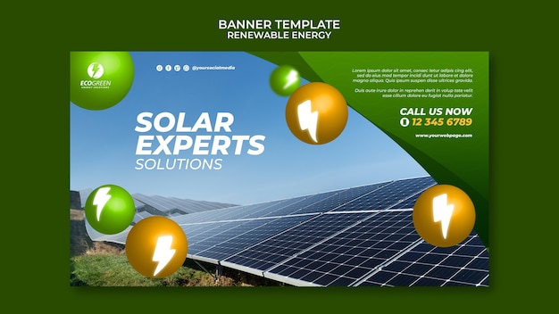 PSD gratuit modèle de bannière horizontale d'énergie renouvelable et durable avec des sphères et des éclairs