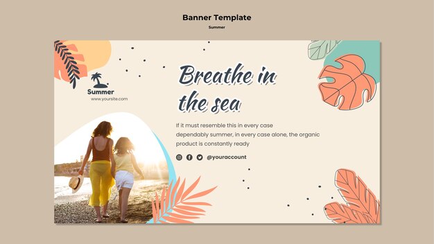 Modèle de bannière horizontale d'été avec des feuilles colorées