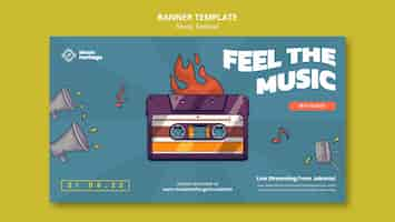 PSD gratuit modèle de bannière horizontale de festival de musique avec cassette dessinée à la main