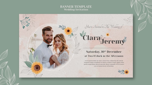 Modèle De Bannière Horizontale D'invitation De Mariage Avec Couple Et Fleurs