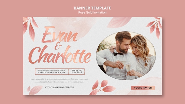 Modèle de bannière horizontale d'invitation de mariage en or rose avec des feuilles