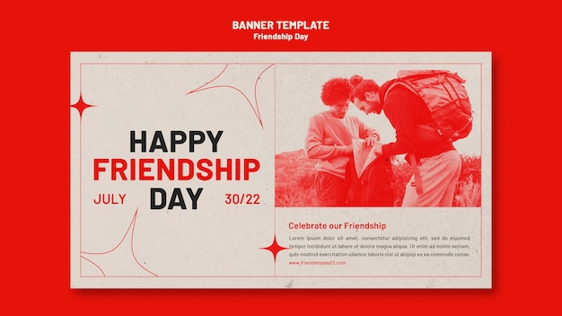 PSD gratuit modèle de bannière horizontale de la journée de l'amitié avec un design de teinte rouge et d'étoiles