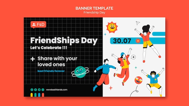 PSD gratuit modèle de bannière horizontale de la journée de l'amitié avec des gens qui sautent