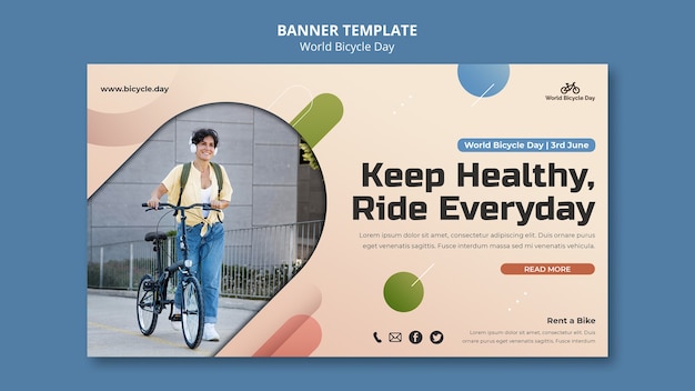 PSD gratuit modèle de bannière horizontale de la journée mondiale du vélo avec une personne utilisant un vélo