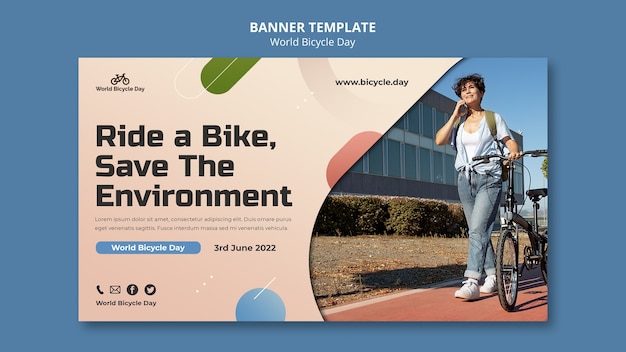 PSD gratuit modèle de bannière horizontale de la journée mondiale du vélo avec une personne utilisant un vélo