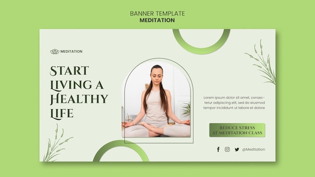 PSD gratuit modèle de bannière horizontale de médiation avec une femme faisant du yoga