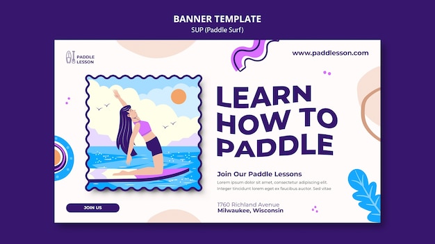 PSD gratuit modèle de bannière horizontale de paddle surf avec des formes abstraites