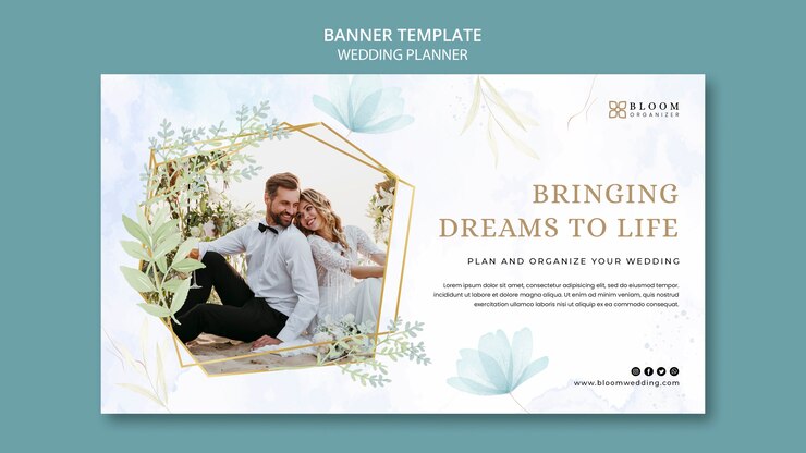 PSD gratuit modèle de bannière horizontale de planificateur de mariage avec un design floral aquarelle