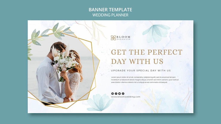 PSD gratuit modèle de bannière horizontale de planificateur de mariage avec un design floral aquarelle