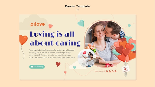 PSD gratuit modèle de bannière horizontale pour l'amour avec un couple romantique et des coeurs