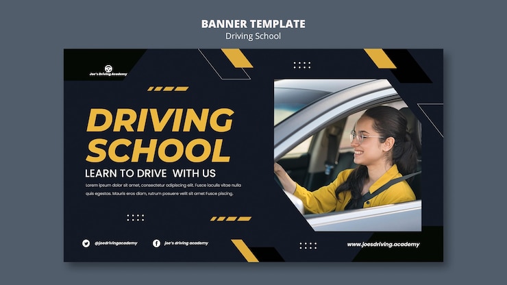 PSD gratuit modèle de bannière horizontale pour auto-école avec conductrice