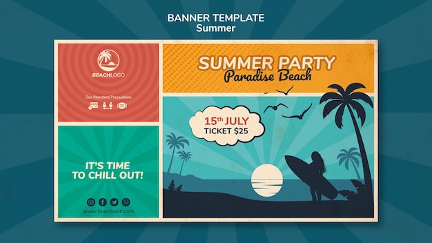 Modèle de bannière horizontale pour une fête sur la plage tropicale