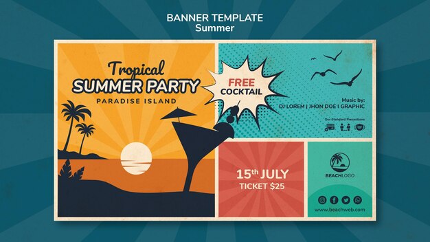 Modèle de bannière horizontale pour une fête sur la plage tropicale