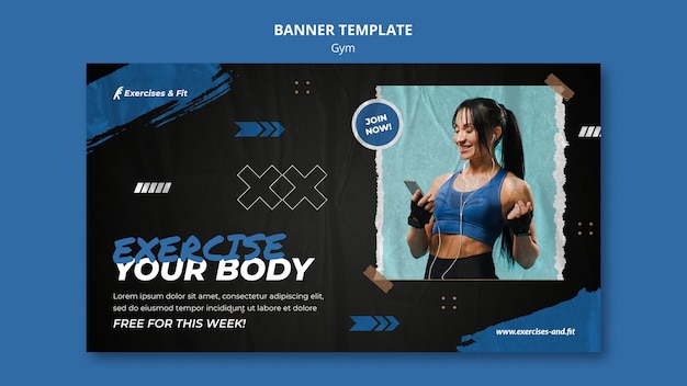 PSD gratuit modèle de bannière horizontale pour gym avec athlète féminine