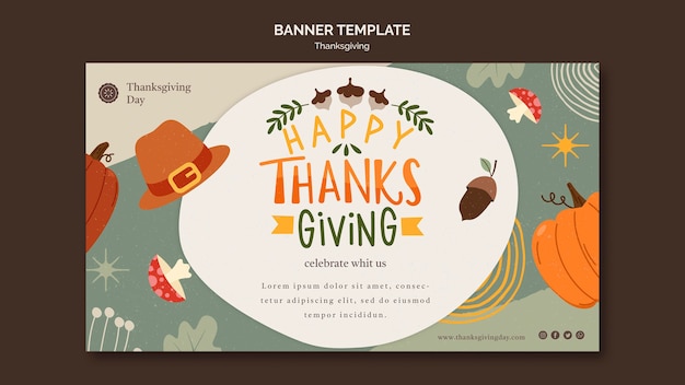 Modèle de bannière horizontale pour le jour de Thanksgiving avec détails automnaux