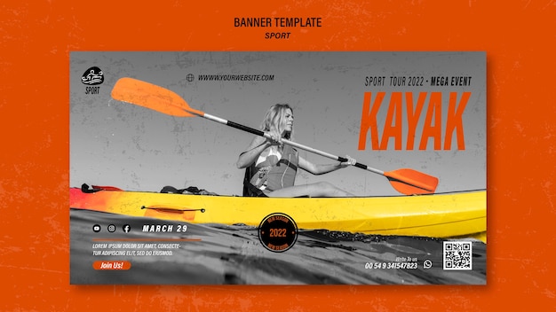 PSD gratuit modèle de bannière horizontale pour le kayak avec une athlète féminine