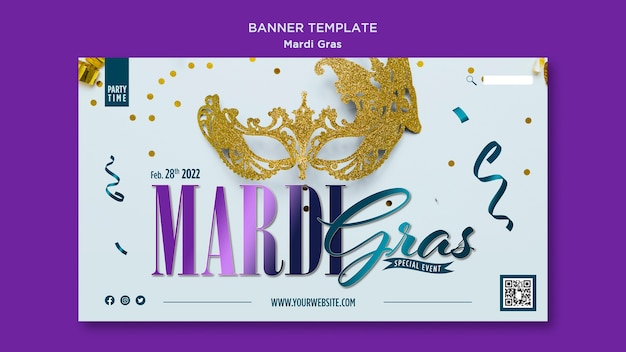 Modèle de bannière horizontale pour mardi gras avec masque de carnaval