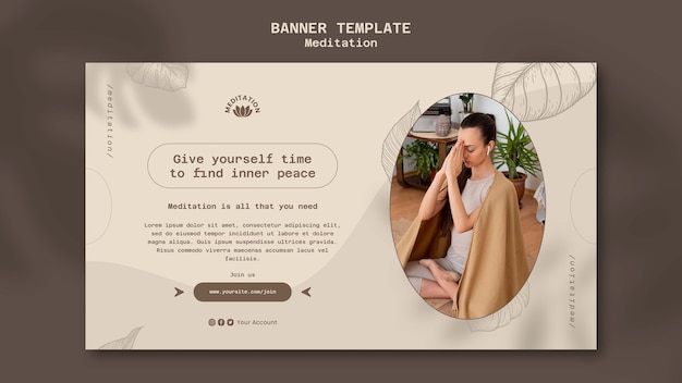 PSD gratuit modèle de bannière horizontale pour la méditation de yoga avec un design de feuilles