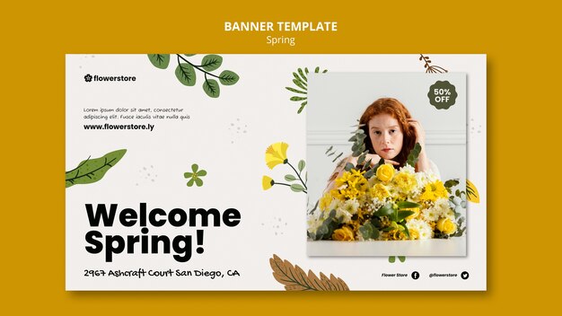 Modèle de bannière horizontale pour le printemps avec des fleurs