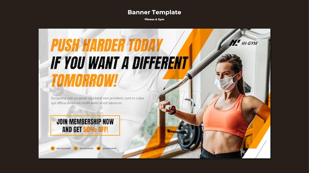 PSD gratuit modèle de bannière horizontale pour s'entraîner au gymnase pendant la pandémie